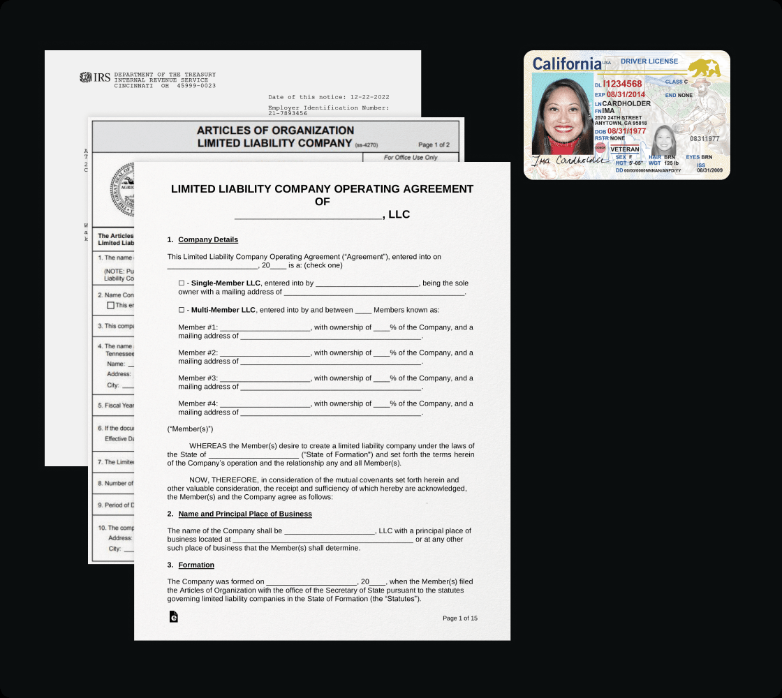 An IRS EIN letter, LLC articles of organisation, an operating agreement and a driver's licence