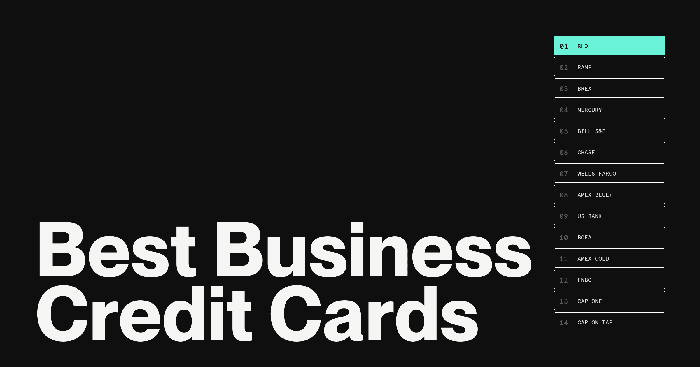 Best Business Credit Cards keyword over a 14-cell numbered grid comparing startup business credit card issuers, Rho's cell highlighted in teal